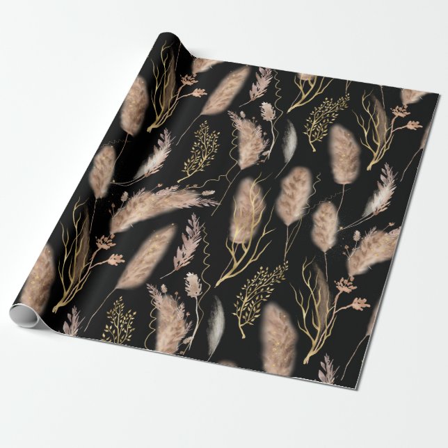 Papier Cadeau Élégant Motif en laiton moderne Noir Beige Pampas (Déroulé)