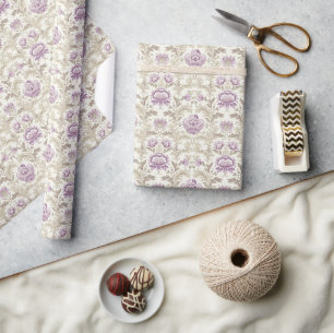 Papier Cadeau Elégant motif floral avec Damas blanc et beige