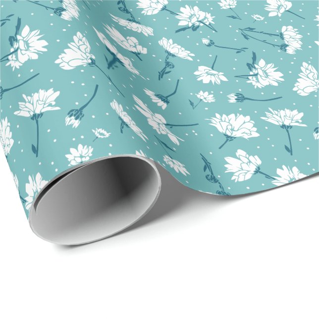 Papier Cadeau Élégant motif floral - Botanique Turquoise et blan (Coin rond)