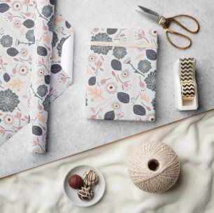 Papier Cadeau Élégant motif floral gris bleu pêche