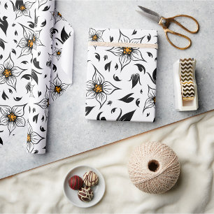 Papier Cadeau Élégant motif floral noir et blanc