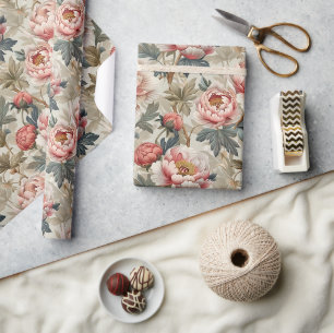 Papier Cadeau Elégant motif floral. Pâles roses