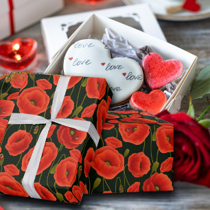 Papier Cadeau Elégant motif floral rouge vert main tiré