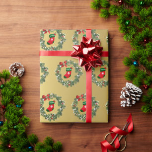 Papier Cadeau Élégant Motif Gold Christmas Socks & Wreath