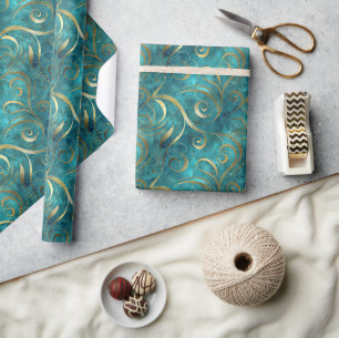 Papier Cadeau Elégant Motif Gold Swirl sur Arrière - plan Turquo