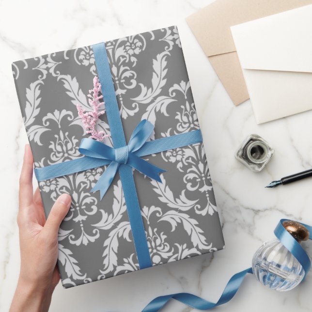 Papier Cadeau Élégant motif gris Damas (Cadeaux)