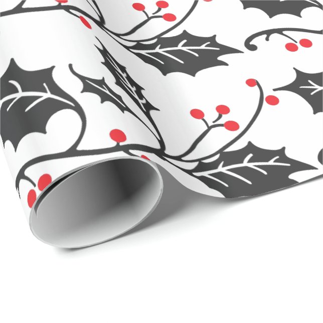Papier Cadeau Élégant Motif moderne rouge et noir Holly (Coin rond)