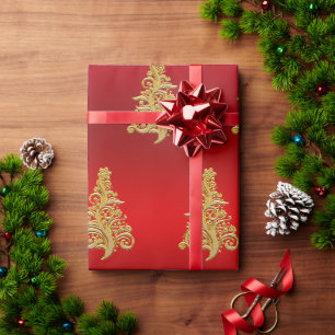Papier Cadeau Élégant Motif or & rouge sapin de Noël