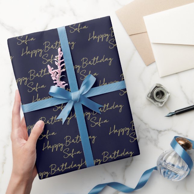 Papier Cadeau Elegant Navy Gold Happy Birthday Personalized Gift (Cadeaux)