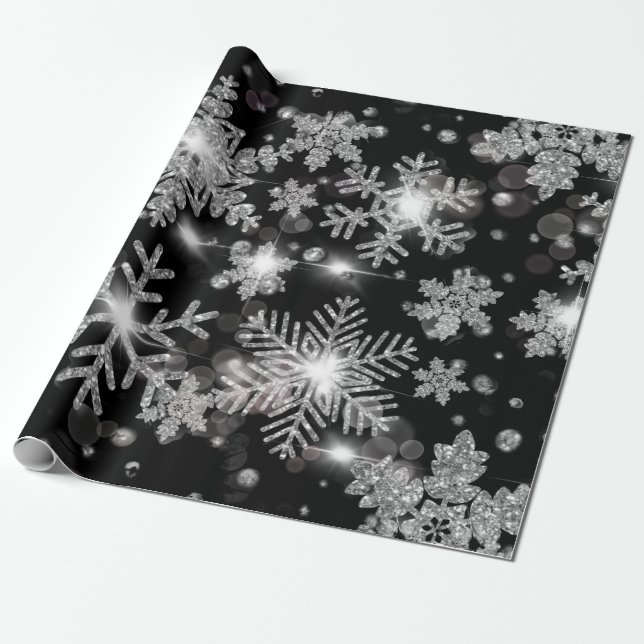 Papier Cadeau Élégant Noël noir blanc argent flocons de neige (Déroulé)