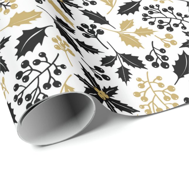 Papier Cadeau Élégant Noël noir et or Holly Mistletoe (Coin rond)