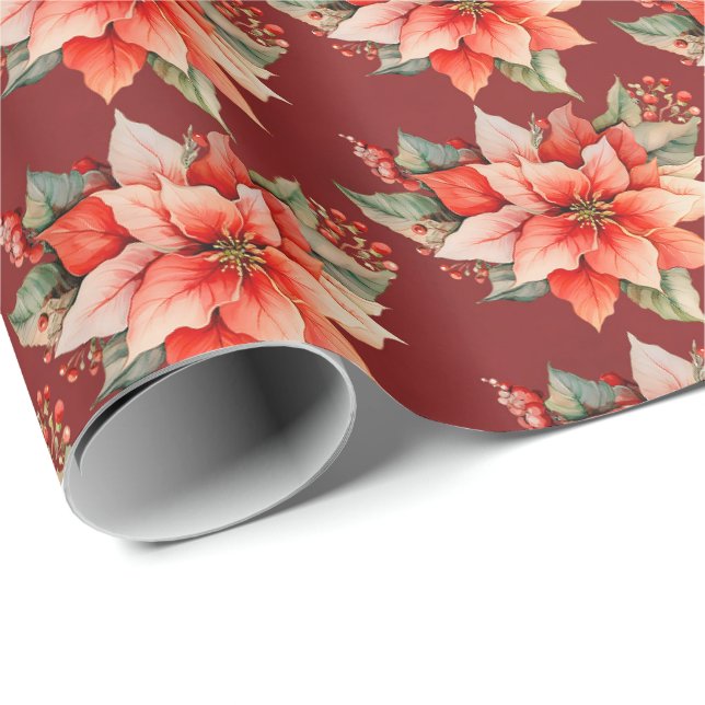 Papier Cadeau Élégant Noël Rouge Poinsettia (Coin rond)
