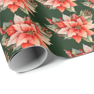 Papier Cadeau Élégant Noël Rouge Poinsettia