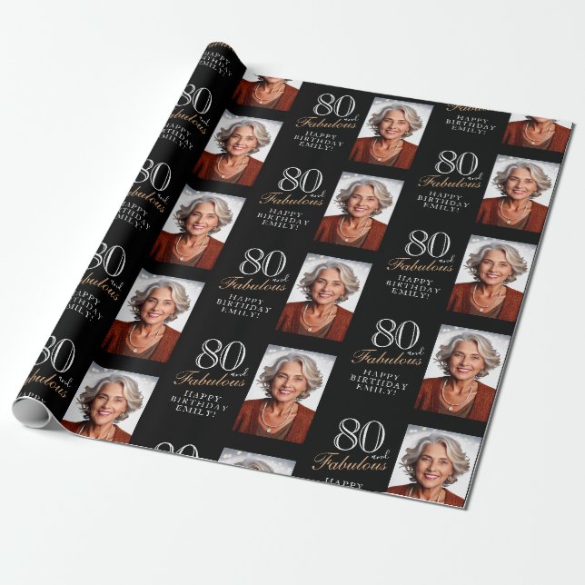 Papier Cadeau Elégant noir 80 et fabuleux 80e anniversaire Photo (Déroulé)