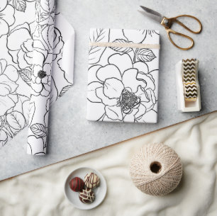 Papier Cadeau Elégant noir blanc Rose ligne art floral