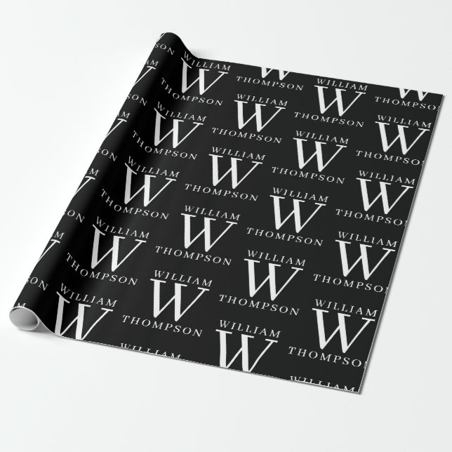 Papier Cadeau Élégant noir et blanc Nom monogramme initial (Déroulé)