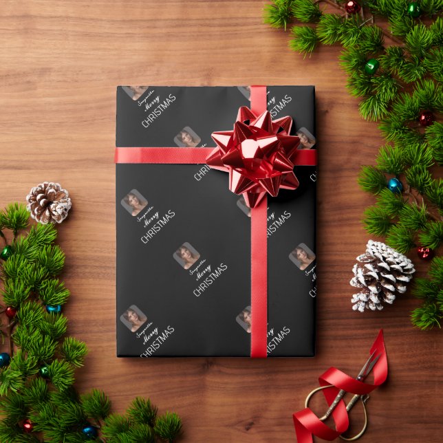 Papier Cadeau Élégant noir Nom du script photo Joyeux Noël (Cadeau de vacances)