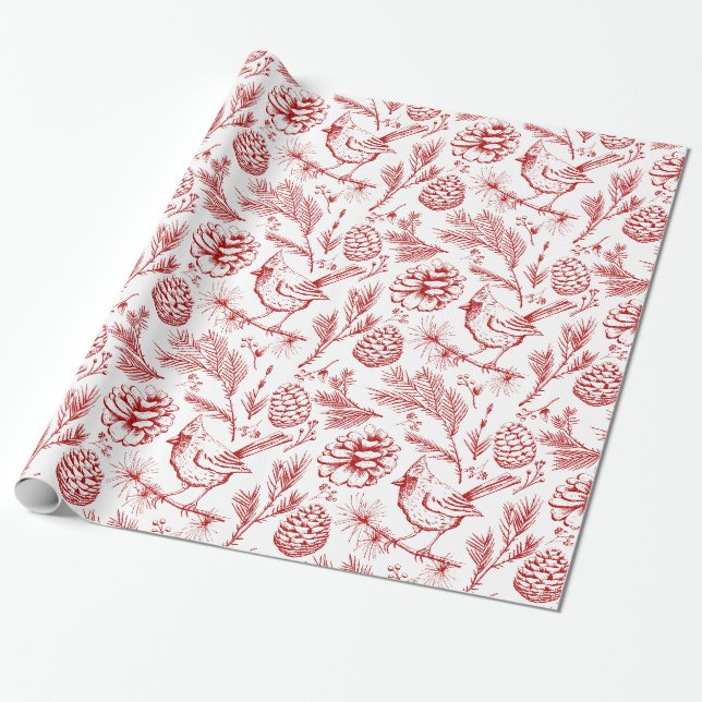 Papier Cadeau Elégant Oiseau cardinal rouge, pins et baies d'hiv (Déroulé)