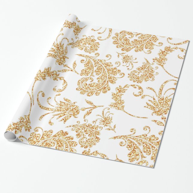 Papier Cadeau Élégant or blanc floral (Déroulé)