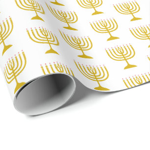 Papier Cadeau Elégant or blanc HANOUKKA MENORAH