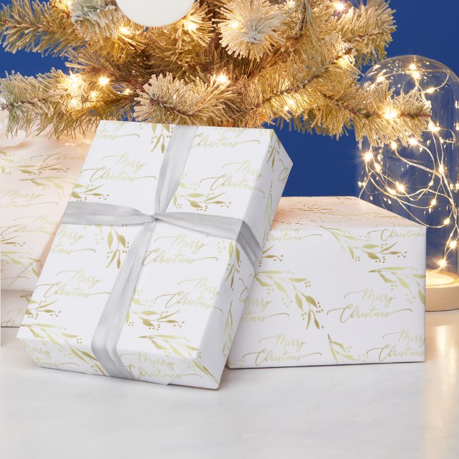 Papier Cadeau Elégant or blanc main Lettré Joyeux Noël (Vacances)