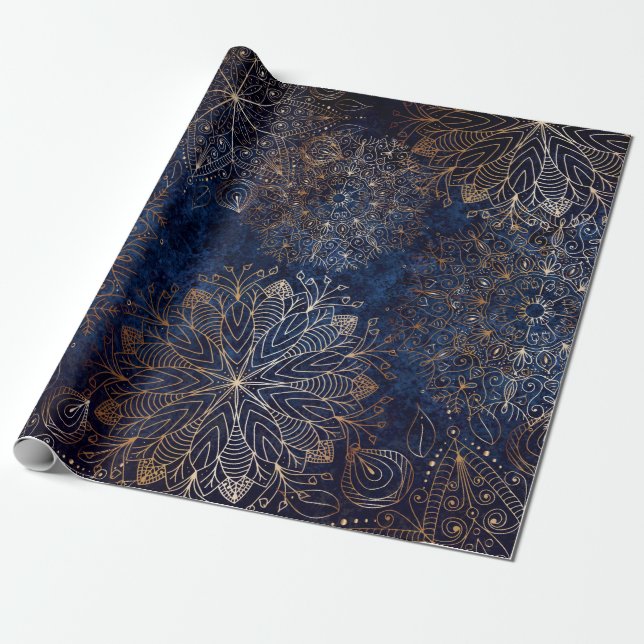Papier Cadeau Elégant or et bleu foncé Motif de mandala (Déroulé)