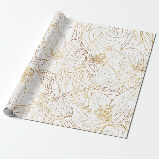 Papier Cadeau Elégant Or Fleurs de Fleurs de Fleurs de Cerisier  (Déroulé)