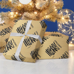 Papier Cadeau Elégant or Jaune Noël moderne Noir