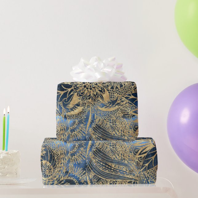 Papier Cadeau Elégant or Mandala Fleurs Bleu Nebula (Cadeaux de fête)