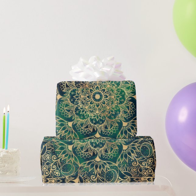 Papier Cadeau Elégant or Mandala Floral Vert bleu (Cadeaux de fête)