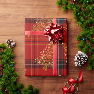 Papier Cadeau Elégant or & Plaid Christmas Tree Motif