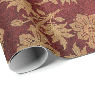 Papier Cadeau Elégant or rouge rouge damassé motif floral