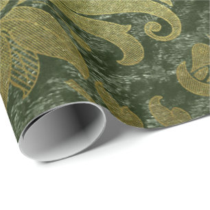 Papier Cadeau Élégant or vert royal damask motif floral