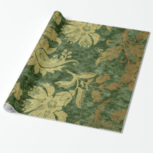 Papier Cadeau Élégant or vert royal damask motif floral
