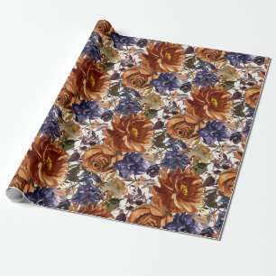 Papier Cadeau Élégant orange brûlé bleu marine automne floral