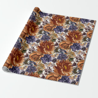 Papier Cadeau Élégant orange brûlé bleu marine automne floral