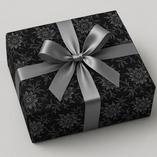 Papier Cadeau Élégant papier Mariage noir floral foncé (elegant gothic or dark theme wedding gift wrap.  Black with crystal floral accent)