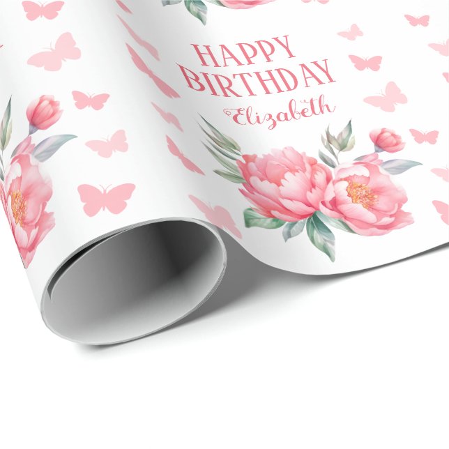 Papier Cadeau Elégant Papillon rose Peony Botanique Anniversaire (Coin rond)