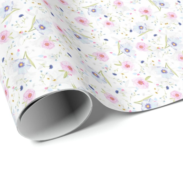 Papier Cadeau Élégant Pastel bleu et rose fleurs florales (Coin rond)