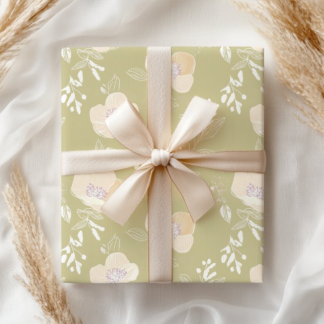 Papier Cadeau Élégant Pastel Vert Olive Rose Floral (Créateur téléchargé)
