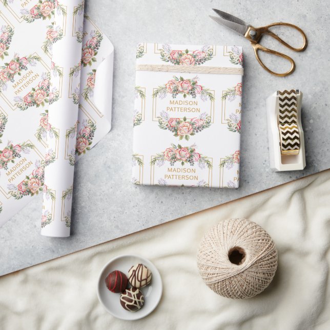 Papier Cadeau Élégant Personnalisé Aquarelle Floral Chic Féminin (Artisanat)