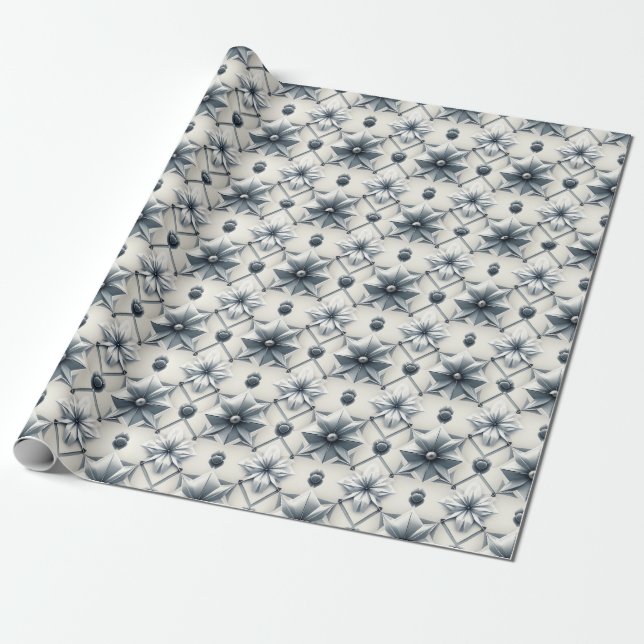 Papier Cadeau Élégant pinceau à treillis fleuri argenté (Déroulé)