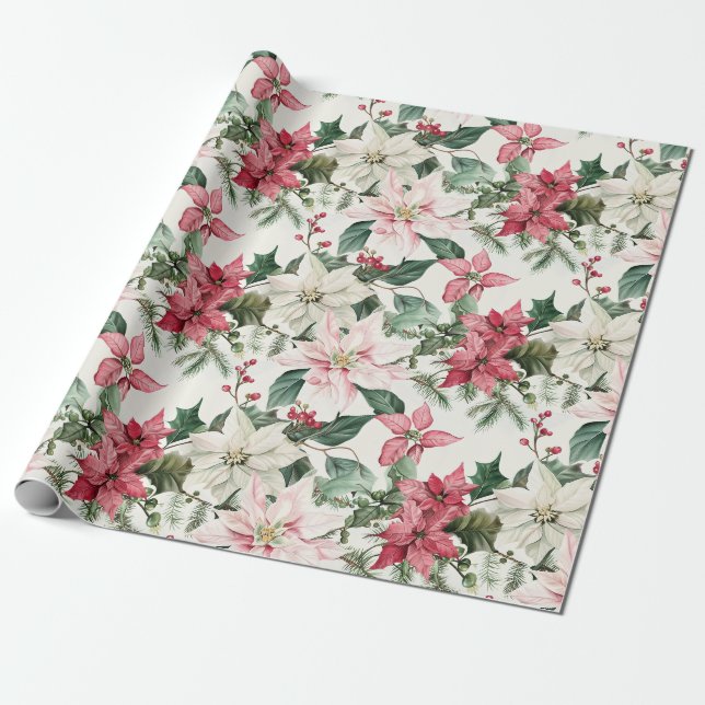 Papier Cadeau Élégant Pink Poinsettias Noël (Déroulé)