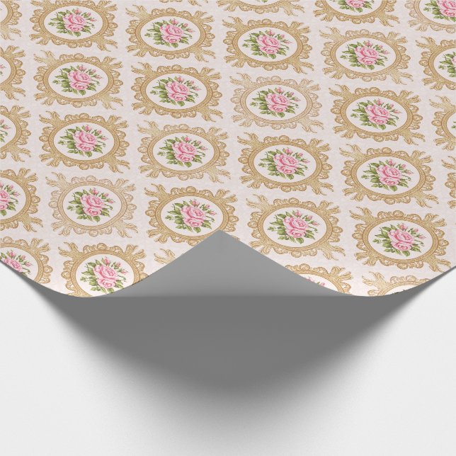 Papier Cadeau Elegant Pink Rose and Gold Baroque Frame (Coin)