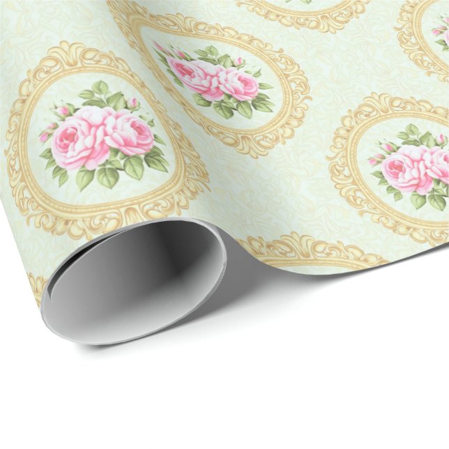 Papier Cadeau Elegant Pink Rose and Gold Frame (Coin rond)