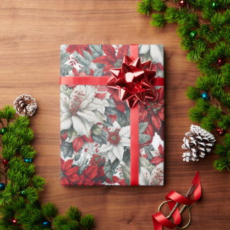 Papier Cadeau Élégant Poinsettia Rouge et Blanc Fleurs de Noël