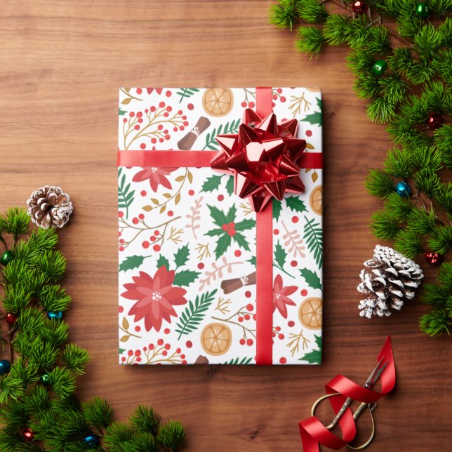 Papier Cadeau Elégant Poinsettia rouge hiver Berry Noël (Cadeau de vacances)