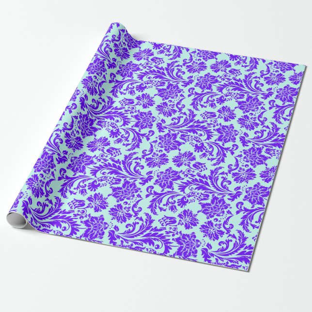 Papier Cadeau Élégant pourpre et bleu clair Damas floraux (Déroulé)