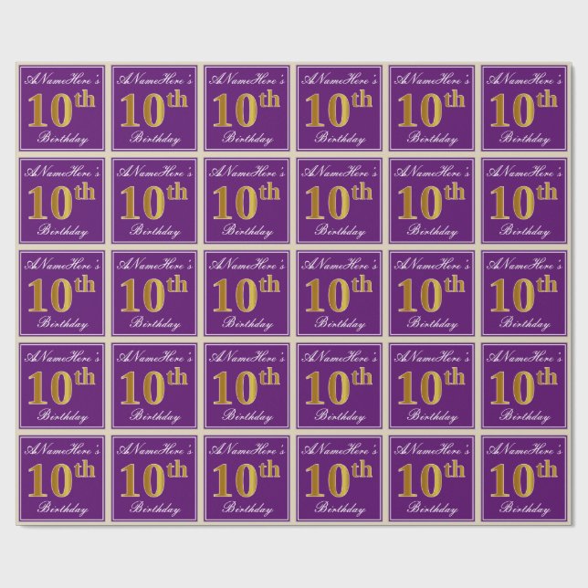 Papier Cadeau Elégant, pourpre, Faux Gold 10e anniversaire + Nom (Plat)