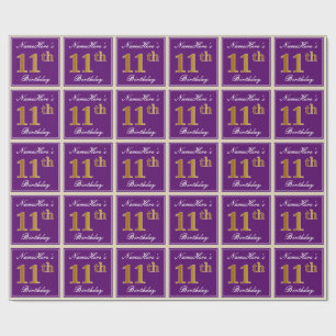Papier Cadeau Elégant, pourpre, Faux Gold 11e anniversaire + Nom